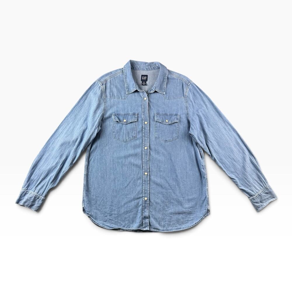 Gap Classic Western Shirt Mens XL Tall Indigo Denim Pearl Snap Organic Cotton